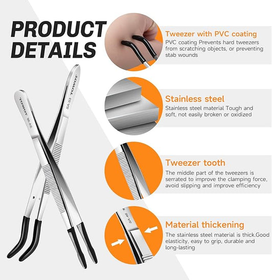TOWOT 2 PCS Rubber Tipped Tweezers, PVC Rubber Coated, Bent & Straight Flat Tip Craft Tweezers for Stamp, Jewelry, Hobby, Crafts, Industrial, Electronic (Yellow)