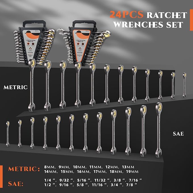SUZUME 24 PCS SAE and Metric Ratcheting Wrench Set (1/4" - 7/8" & 8-19mm) 15K+ Cycle Locked Gears 72T Cr-V Steel Combination Wrench Sets with Organize Box for Tight Engine Bays Industrial Maintenance