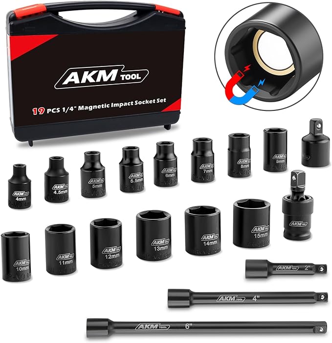 1/4 Inch Drive Magnetic Impact Socket Set, 19-Piece Metric, 4mm-15mm, 6 Point, Cr-Mo, Square Drive, Magnetic Socket with Adapter, Universal Joint & Extension