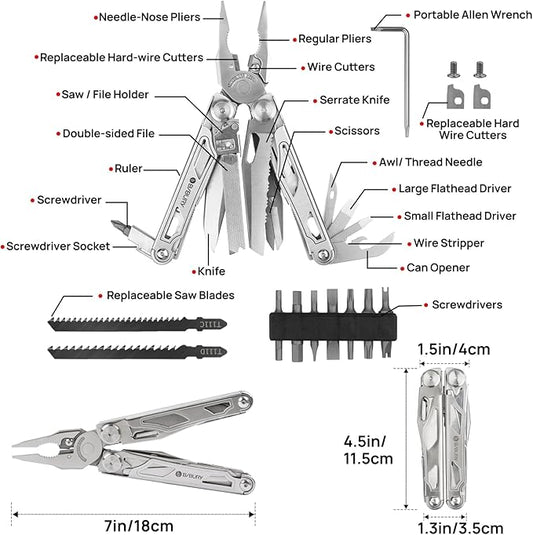 BIBURY Multitool Pliers Pro BI2045, Stainless Steel Multi Tool Pliers with Replaceable Wire Cutters and Saw, Foldable Multitools with Scissors and Screwdriver, Ideal for Camping,Survival, Repair