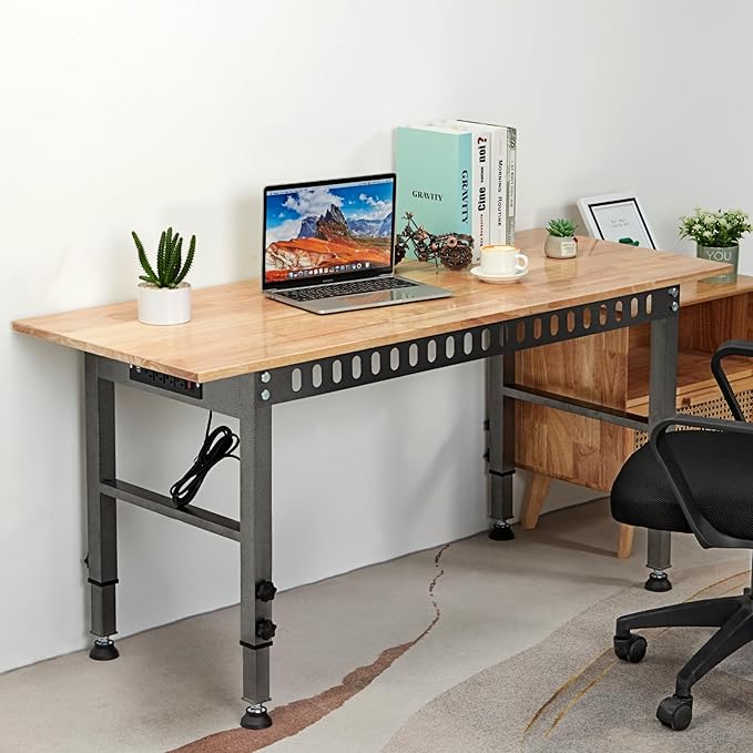 54.3 "Adjustable Workbench with Power Outlet, Heavy Duty 2000 LBS Load Capacity Hardwood Workbench Suitable for Workshop, Office, Garage, Home (Rubber Pad訝쭾ower Outlets 54.3"x21.6")