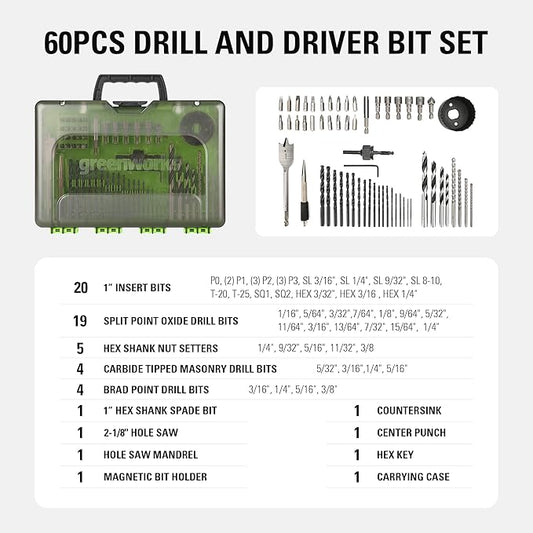 Greenworks 60 Piece Black Oxide Drilling and Driving Bit Set with Modular Case for Wood, Metal, Plastic, and Masonry,3X Longer Life,135째 Split Point,Precision-Milled