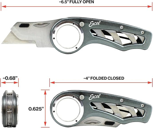 Excel Blades Revo Folding Utility Knife ??Heavy-Duty Box Cutter with Aluminum Body, Quick-Change #92 Blades, 3 Lock Positions Design, Anti-Slip Finger Loop Grip, Holster Included ??Grey