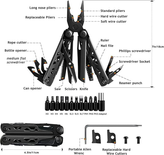 28-in-1 Multitool Pliers, Stainless Steel Multi Tool with Pocket Clip, Self-Locking, Replaceable Wire Cutters, and Precision Screwdriver, Foldable EDC Multi-Tool for Outdoor, Repair, Camping, Hiking
