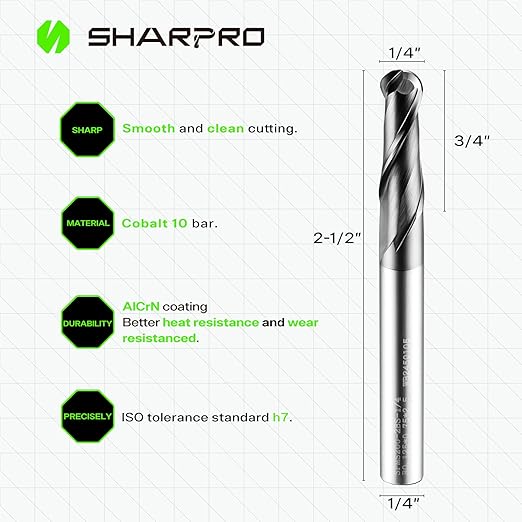 Carbide Ball Nose End Mill 2 Flute 1/4 Inch SHK. and Cutting Dia. 3D Carving, High-Speed and Deep Cutting, AlCrN Coated, Apply for Alloy Steel, Stainless Steel and Various Cast Iron.