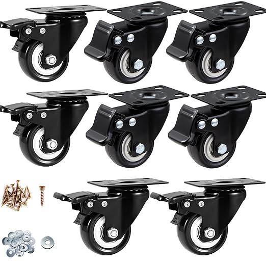 Casters, 2" Caster Wheels竊똂asters Set of 8 Heavy Duty - ASRINIEY Black Polyurethane Castors, Top Plate Swivel Wheels, 8-Pack Industrial Casters with Brake, Locking Casters for Furniture and Workbench