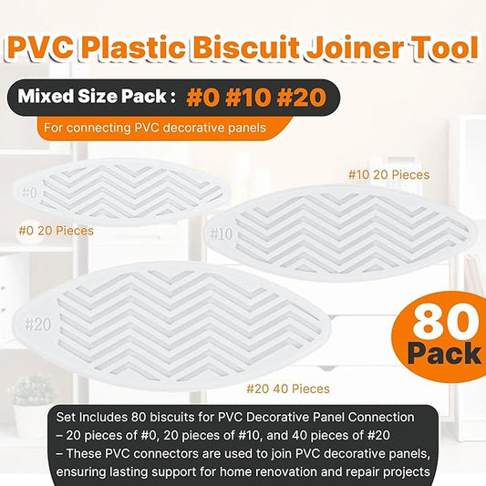 PVC Plastic Biscuit Joiner Tool 80 Pack ??White Joiner Biscuits For Connecting PVC Decorative Panels, Solid Wood, Plywood, Biscuit Connector Set Include #0 20 PCS/#10 20 PCS/#20 40 PCS