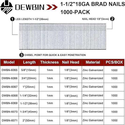 18 Gauge Brad Nails, 1000 Counts 1-1/2-inch 18 GA Brad Nails, Galvanized Nails for Nail Gun, Finishing Nail Gun Nails for Pneumatic, Electric Brad Nailer Gun