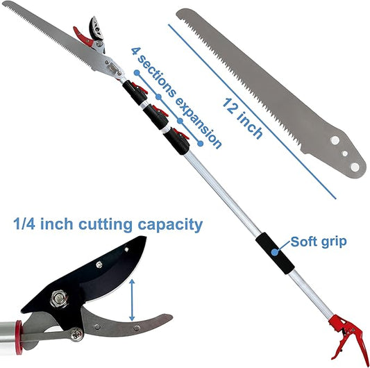 Tree Pruner Extendable 4.5-11.5 FT, Tree Trimmer Telescoping with 4 Section, Long Handle Pruning Shears, Cut and Hold Clippers, Pole Saws Branch Cutter, Loppers, Fruit Picker Tool