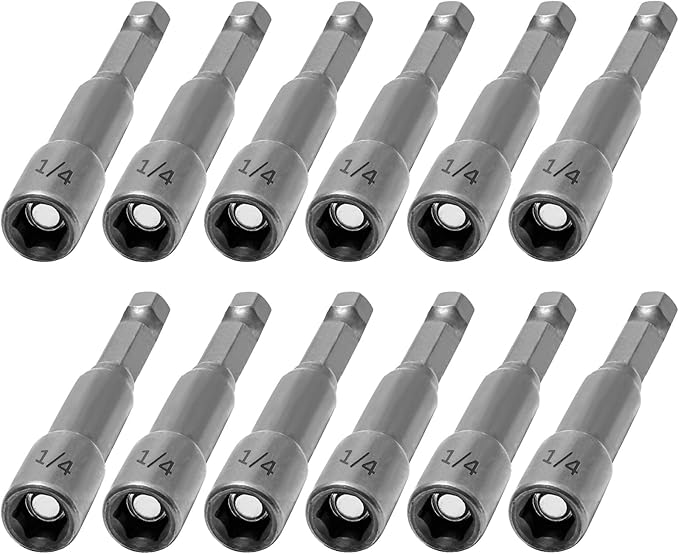 1/4 Inch Magnetic Nut Driver Bit Set, 12 Pcs Chrome Vanadium Steel Impact Drill Bits, Quick Change Socket Nut Driver Adapter with Hex Shank, 65mm Length