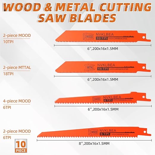 10-Piece Reciprocating Saw Blades 6 & 8 Inch Wood & Metal Cutting Saw Blades Premium Blades Carbon Steel Bi - Metal Reciprocating Saw Blades for Wood Pruning NVKLBEA
