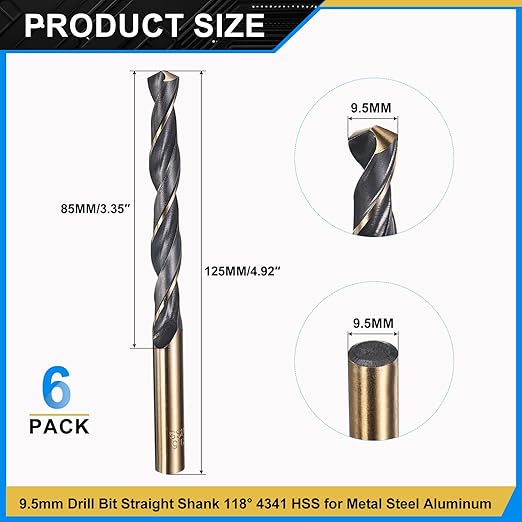 PATIKIL 9.5mm Drill Bit, Jobber Straight Shank 4341 High-Speed Steel 118째 Black and Gold Finish for Medium-Hard Metal Steel Acrylic - 6 Pack