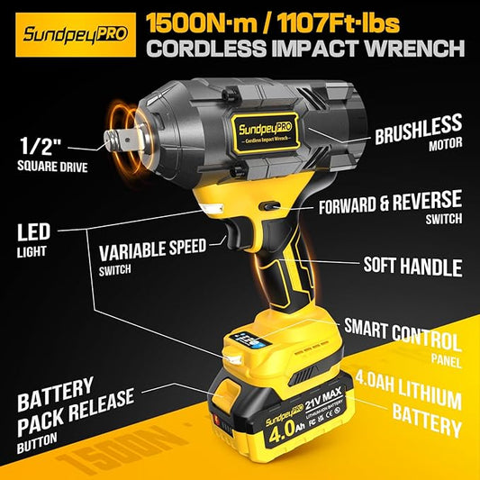 1/2" Cordless Impact Wrench - 1107Ft-lbs竊?500N쨌m竊?1V 3 Speed High Torque Brushless Impact Gun with 2 x 4.0Ah Batteries & Charger & 6 Sockets & 5" extension bar for Tire Removal Rusted Bolts