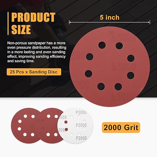 25 Pack 5 Inch Sanding Disc 2000 Grit 8 Hole Round Hook and Loop Sandpapers Fit for Orbital Sander Automotive or Cars Repairing, Grinding or Polishing, Red