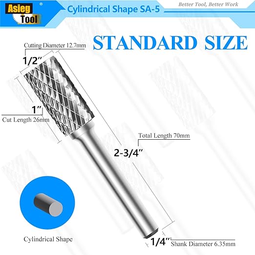SA-5 Tungsten Carbide Burr Rotary File Cylindrical Shape Double Cut for Die Grinder Drill Bits 1/4'' Inch Diameter of Shank and 1/2'' Inch Diameter of Cutter 1'' Inch Cutter Length