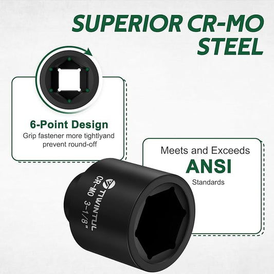 3-1/8" Impact Socket 1" Drive, Deep 6 Point CR-MO Heavy Duty Socket, Single Axle Nut Socket for Semi-Truck, Construction, Oilfield & Wind Power Maintenance, ANSI Certified