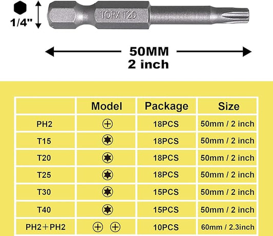 18pcs T20 Impact Driver Bits 50mm Impact Bit 1/4" Hex Shank S2 Drill Screwdriver Bit for Electronics Appliances and Automotive Repair