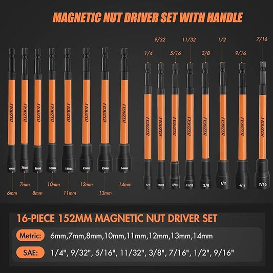 16Pcs Long Magnetic Nut Driver Set for Impact Drill | 6 Inch Long Nut Driver Set | SAE and Metric | 1/4 Inch Hex Shank | Cr-V Steel (16PCS Magnetic Nut Driver (Long))