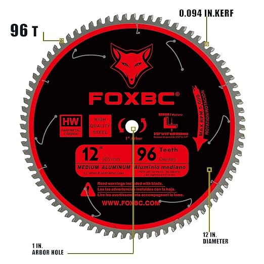 FOXBC 12 Inch Saw Blade 96-Tooth TCG for Aluminum Non-Ferrous Metal & Plastic Cutting with 1-Inch Arbor