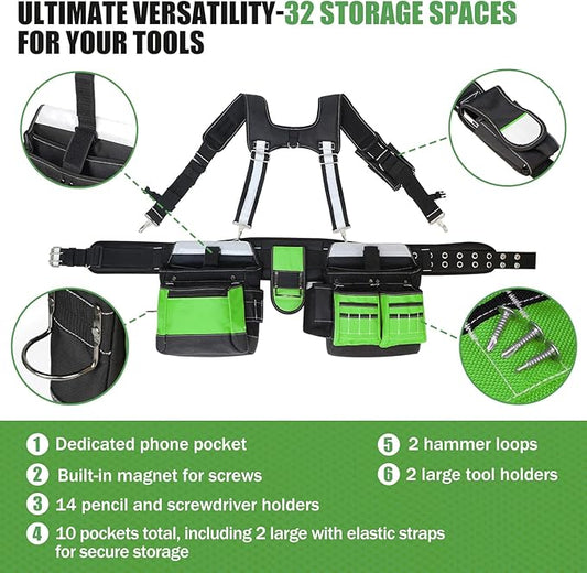 Tool Belt with Suspenders for Men, Heavy Duty Construction Tool Belt with 32 Pockets, 1680D Material, Reflective Strips for Safety, HVAC Toolbelt for Men