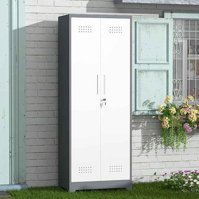 GREATMEET 65" Garage Storage Cabinet, Broom Closet Storage Cabinet, Storage Shed, Metal Cabinets with Doors and Shelves, Tool Shed for Brooms and Mops, Utility Cabinets for Storage, Grey&White