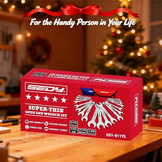 19-Piece Super Thin Open-End Wrench Set, SAE 1/4"-1-1/16" & Metric 5.5??7 mm, 3 mm Thickness Slim Wrench Set for Tight Spaces, Nickel Plated Flat Wrenches with Red & Blue Rolling Storage Pouches