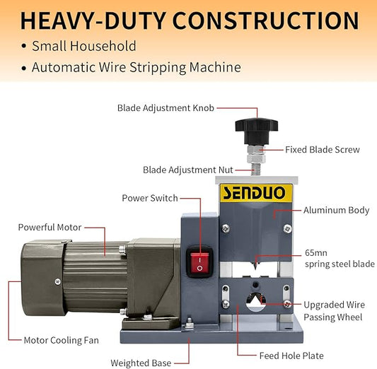 SENDUO Automatic Wire Stripper Machine,25W 0.04" - 0.79" Electric Wire Stripping Machine,with Free Replacement Blades,Portable cable stripper for Scrap Copper Wire Cable Recycling