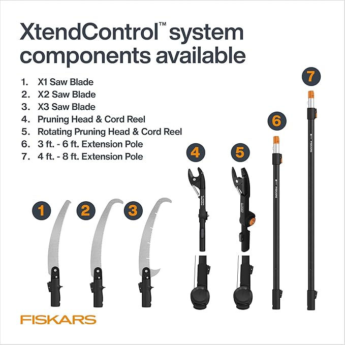 Fiskars XtendControl 14' Extendable Tree Pruner, Adjustable Pole Saw Branch Trimmer with 15" X2 Hook Bill Saw, 3-6' & 4-8' Extension Poles, and Secure Locking System for Precision Cutting