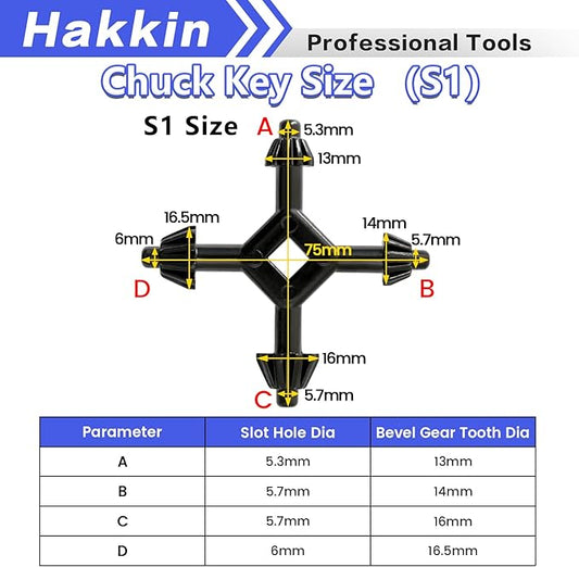 Hakkin 4 Way Chuck Key 4 in 1 Chuck Press Key Wrench, 1/4”, 3/8”, 1/2”, 3/4” Sizes Replacement Drill Clamping Wrench for Electric Drills, Impact Drivers, Home Tools (Size S1)