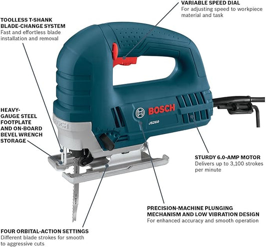 BOSCH JS260 Top-Handle Jig Saw - 6.0 Amp Motor, Variable Speed Control, Low-Vibration Plunging Design, Toolless Blade Change System - Ideal for Accurate and Smooth Cutting