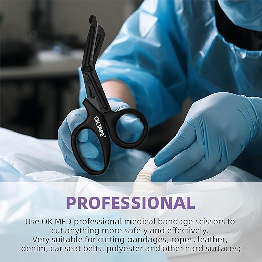 OK TAPE Shears - Bandage Scissors竊똌edical Scissors, EMT Trauma Shears, Non-Stick Scissors, First Aid Outdoor Stainless Steel Teflon, Black Handle and Black Coated Blades, 1 Packs