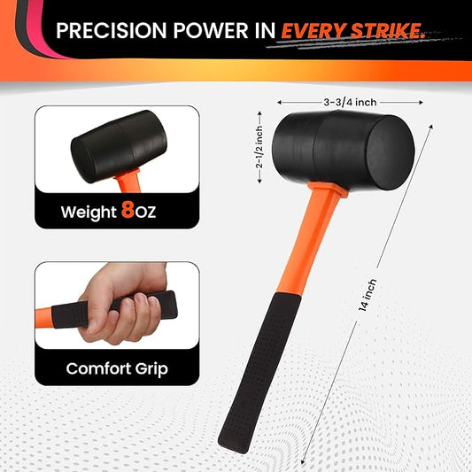8oz Rubber Mallet Hammer | Non-Marring Soft Blow Mallet with Fiberglass Shock-Absorbing Handle for Woodworking, Flooring, Camping, and Assembly