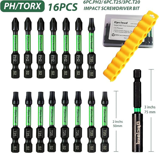 Impact Screwdriver Bit Set, 16 Pieces 2??Phillips/Torx Tips S2 Steel Magnetic Driver Power Bit Set with Extension Impact Bit Holder