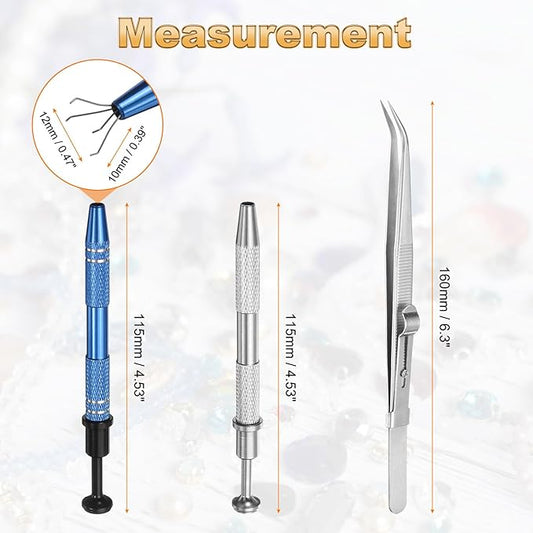 HARFINGTON 3pcs Diamond Tweezer Holder Pick Up Tool Set Stainless Steel 4 Claw Holder Elbow Head Jewelry Locking Tweezer for Tiny Objects Electronic Components, Silver/Blue