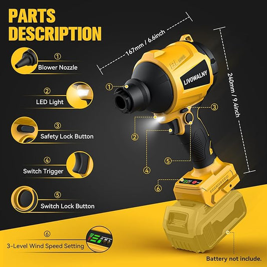 LIVOWALNY Cordless Dust Blower Compatible with Dewalt 20V Battery, Leaf Blower Brushless Handheld Sawdust Blower 447 MPH/39 CFM for Garages, Sawmill Room, Workshop Cleaning (No Battery)