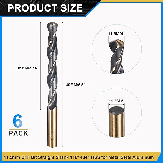 PATIKIL 11.5mm Drill Bit, Jobber Straight Shank 4341 High-Speed Steel 118째 Black and Gold Finish for Medium-Hard Metal Steel Acrylic - 6 Pack