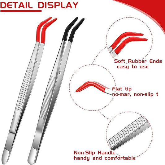 Honoson 2 Pieces Tweezers Curved Bent Tip Tweezers with Rubber Silicone Tips PVC Coated Non Marring Soft Long Rubber Stainless Steel Tools for Jewelry Crafts(Red, Black)