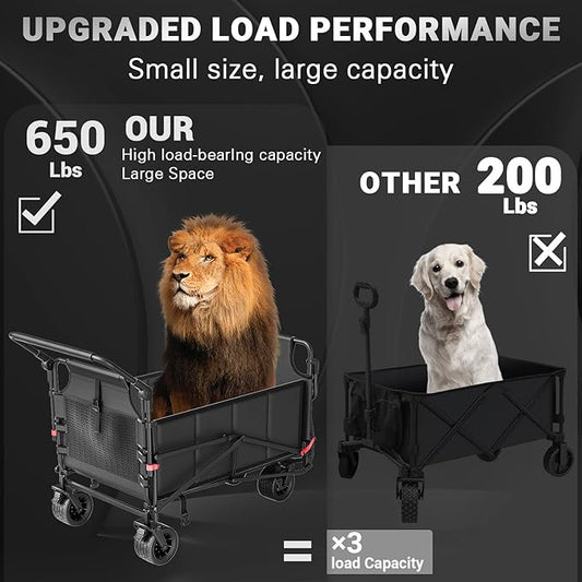 LEVELEVE Heavy Duty Folding Wagon - 2-in-1 Collapsible Cart, 650lb Capacity, All-Terrain Wheels w/Brakes & Side Pockets (Dark Gery)