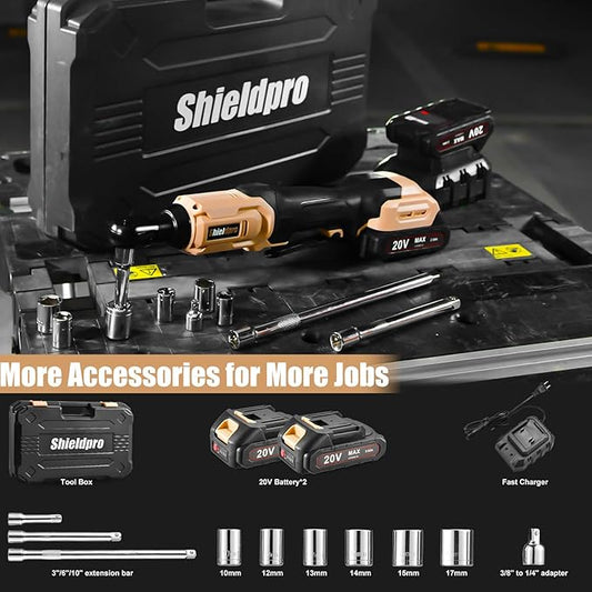 SHIELDPRO 20V Electric Ratchet Wrench Set, 3/8" Cordless Ratchet Kit 400RPM, Torque Ratchets, LED Light, 2 Batteries, Fast Charger, Sockets, Adapters, Extension Bars (Yellow)