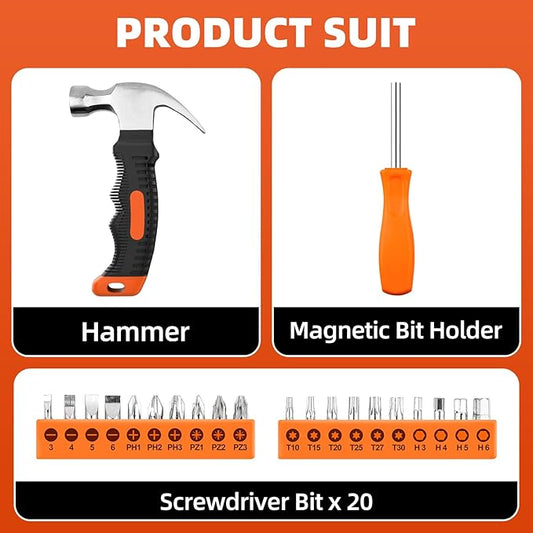 22 Piece Claw Hammer, Small Hammer, Screwdriver Set, Tools Set, Tool Kit with Anti-Slip Handle for Women DIY Craft Industry, Indoor Outdoor Using, Orange