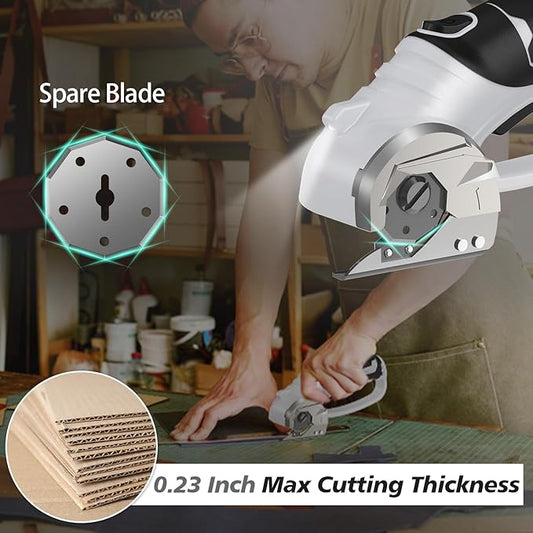 Cordless Electric Scissors, 4V Rechargeable Box Cutter & Cardboard Cutter with LED Light, Safety Lock - Rotary Cutter for Fabric, Leather, Carpet, Plastic, Crafting, Sewing with Storage Box (Grey)