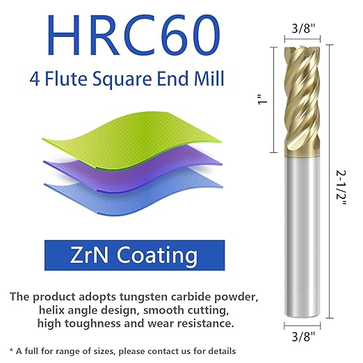 3/8" Carbide Square End Mill with ZrN Coating 4 Flute Unequal Helix Design Mill Bits Sets for Roughing and Finishing