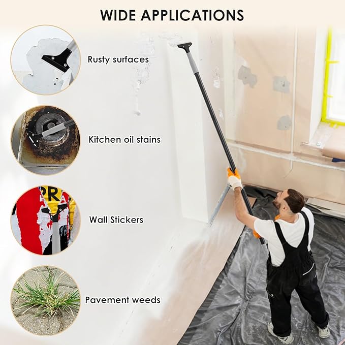 Heavy-Duty Floor Scraper, 4-Inch Razor Blade Scraper Tool, 49-Inch Long Handle, Includes 10 Extra Metal Blades, Paint Scraper for Cleaning Wall, Glass, Adhesives, Chewing Gum, Ceiling
