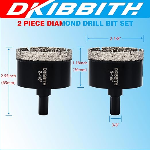2-1/8" Diamond Hole-Saw Bits with Pilot Drill Bit - 2pc 2-1/8 in Diamond Tipped Tile Hole Saws with Guiding Bit for Accurate Drilling, for Porcelain Tile Ceramic Pots Granite Stone Glass Bottles 55mm.