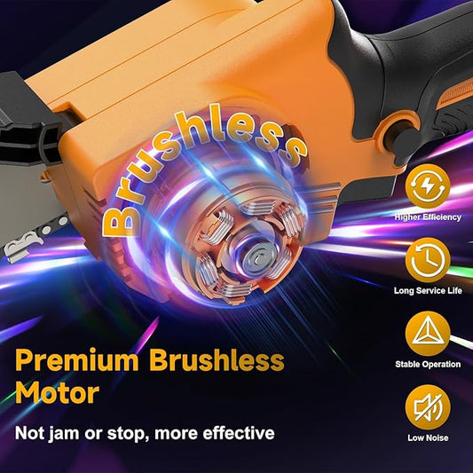 Mini Chainsaw Cordless 6 Inch, Brushless Electric Chainsaw with 2횞2000mAh Batteries, Battery Powered Chain Saw for Garden Pruning, Tree Trimming, Wood Cutting, Gift for DIYers