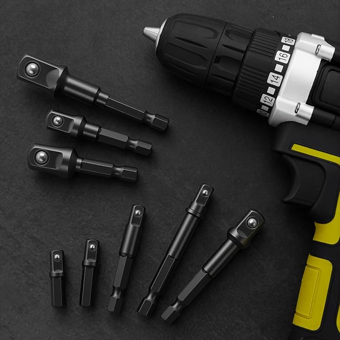 Drill Socket Adapter 8 Piece, Black Impact Sockets Adapter Set Fit for 1/4", 3/8", 1/2" Hex Shank, 5 Different Lengths Socket Drill Adapter, Universal 1/4 Socket Adapter