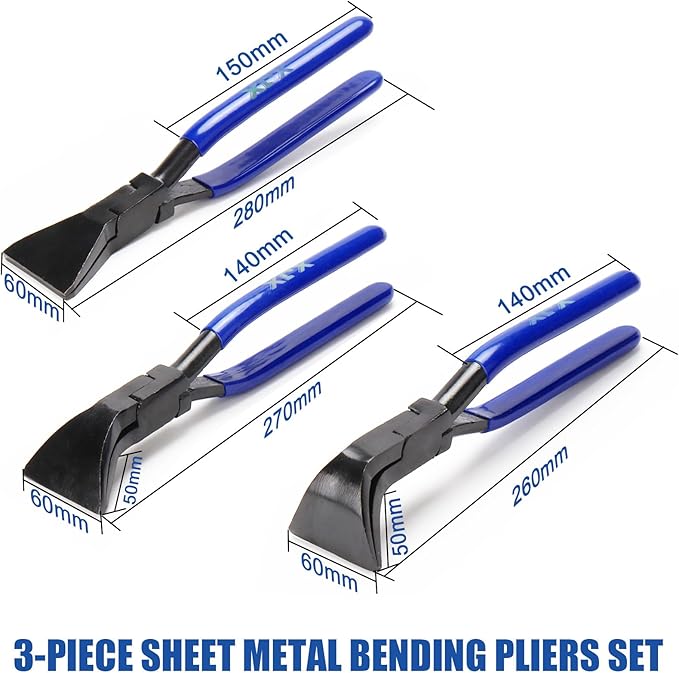 XJX 3-Piece Sheet Metal Hand Seamers, Bending Metal Hand Tools Straight, 45째and 90째 Sheet Metal Bending Pliers Set