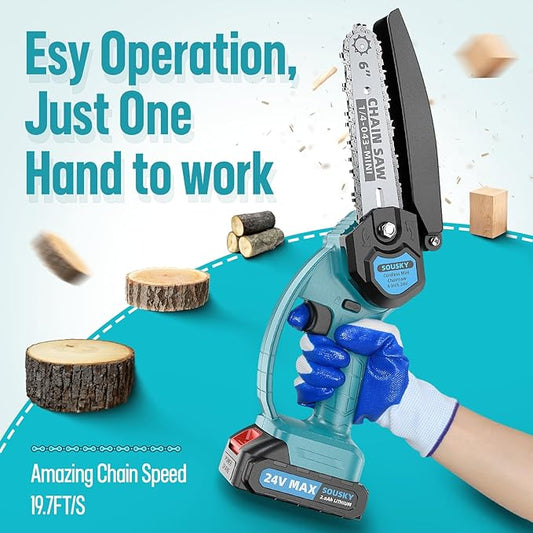 Mini Chainsaw Cordless, 6Inch Portable Small Chain Saw Battery Powered, Handheld Chainsaws with 2 * 24V 2.0MAH Powered Rechargeable Battery for Tree/Wood Cutting Trimming Craftsman Gardening Pruning