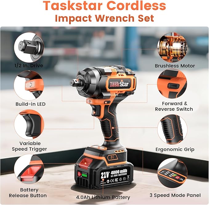1500N.m Cordless Impact Wrench - 20V Max Brushless 1/2" Impact Gun with 2 x 4.0Ah Batteries & Fast Charger | Removes Stuck Truck Lug Nuts in Seconds | 3-Speed for Auto Repair & Heavy Duty DIY