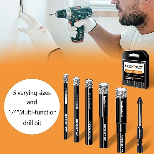 DECKRKAT 7-Piece Dry Diamond Drill Bits & Carbide Tile Drill Bit Set for Tile,Ceramic,Marble,Porcelain,Glass & Granite- 3/16", 1/4" (x2), 5/16", 3/8", 1/2" + 1/4" Masonry Bit